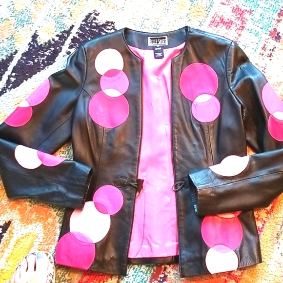 Belle Sport Jackets & Blazers - Quirky MOD HOT Pink POLKA Dots Retro Black Leather Bubbles Festive Jacket S EUC